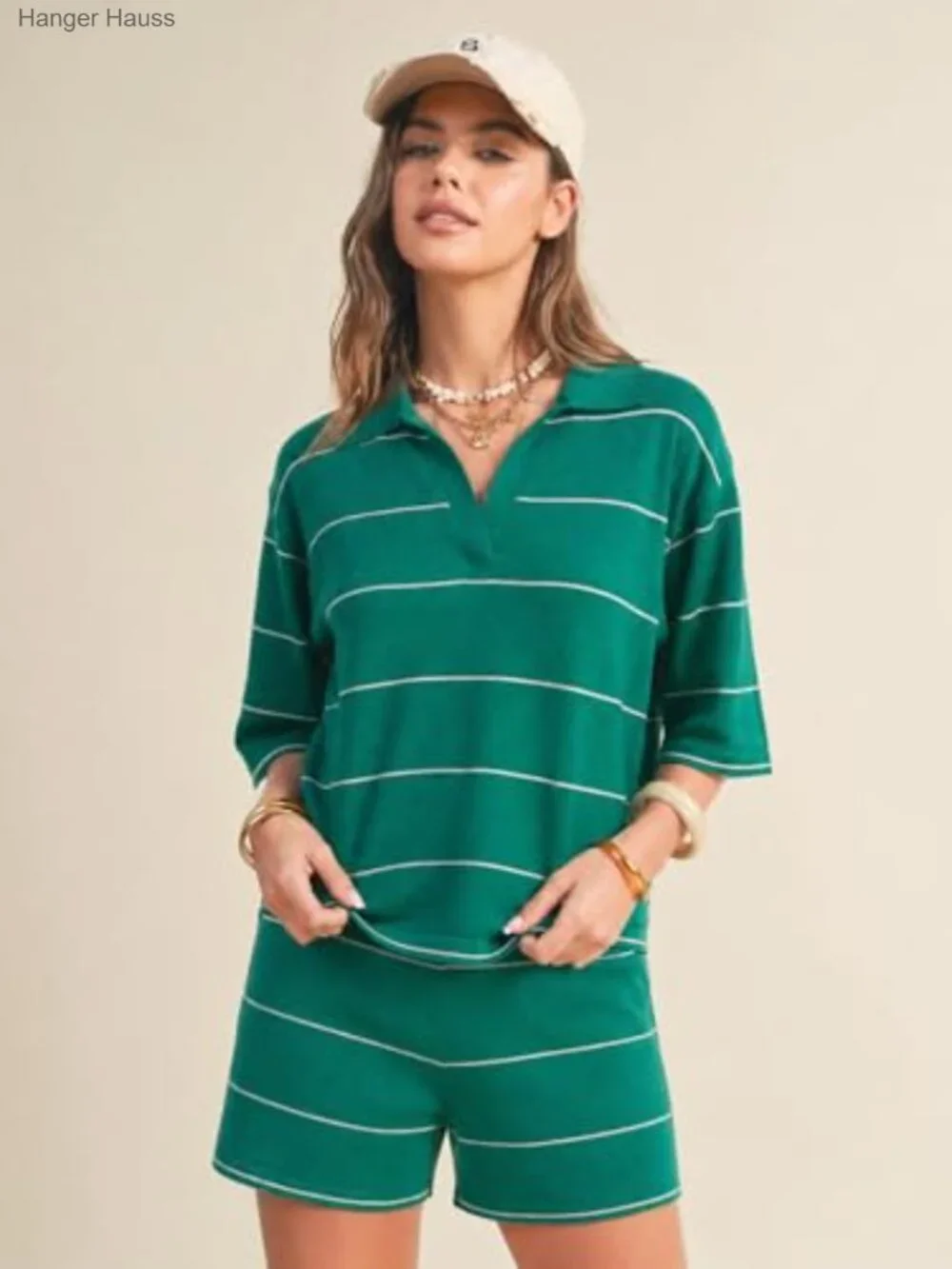 2 Pc Matching Knit Polo Top & Shorts Loungewear Set
